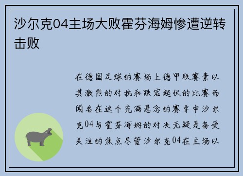 沙尔克04主场大败霍芬海姆惨遭逆转击败 沙尔克04主场大败霍芬海姆惨遭逆转击败